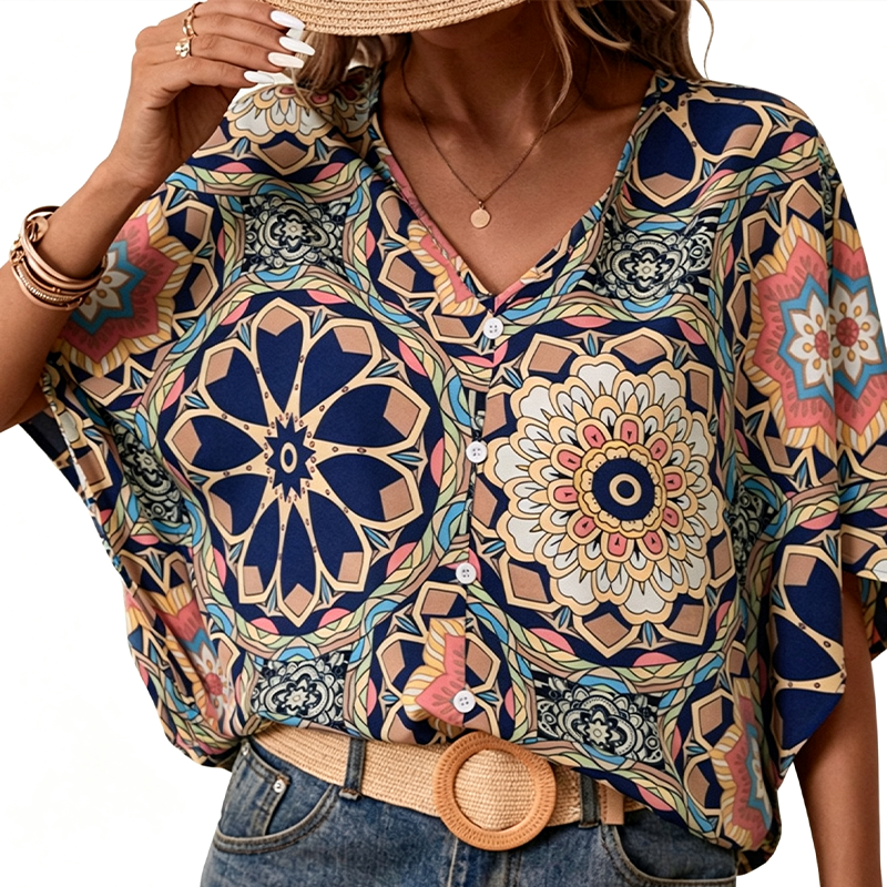 Damesblouse met V-hals, bohemianprint en losse pasvorm voor de zomer