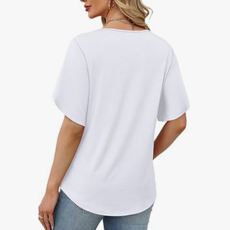 Women's Loose Fit Solid Colour V-Neck Flutter Sleeve Blouse Soft Sleeves, Flattering V ¨C A Breeze of Feminine Charm