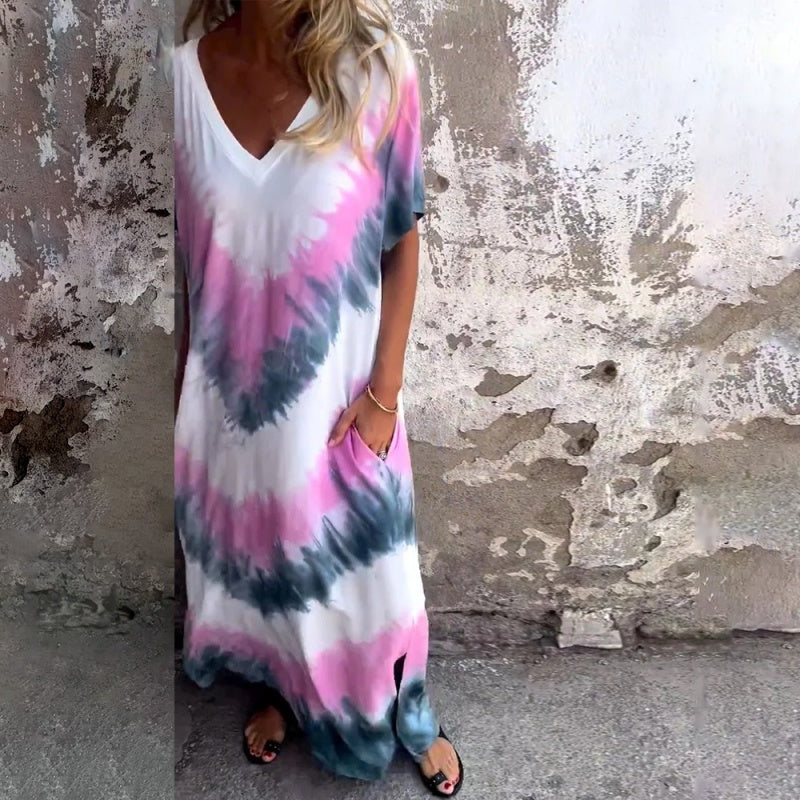 Casual losse lange damesjurk met print en V-hals, casual maxi-jurk