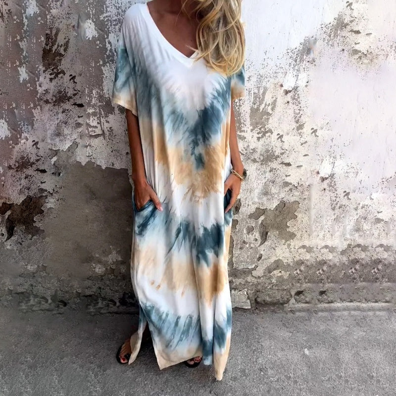 Vestido largo casual y holgado con estampado y cuello en V para mujer, vestido maxi casual