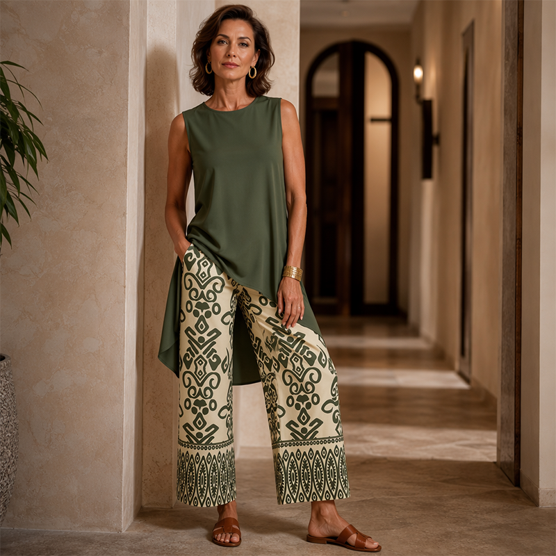 Casual set voor dames met mouwloze top en broek met wijde pijpen