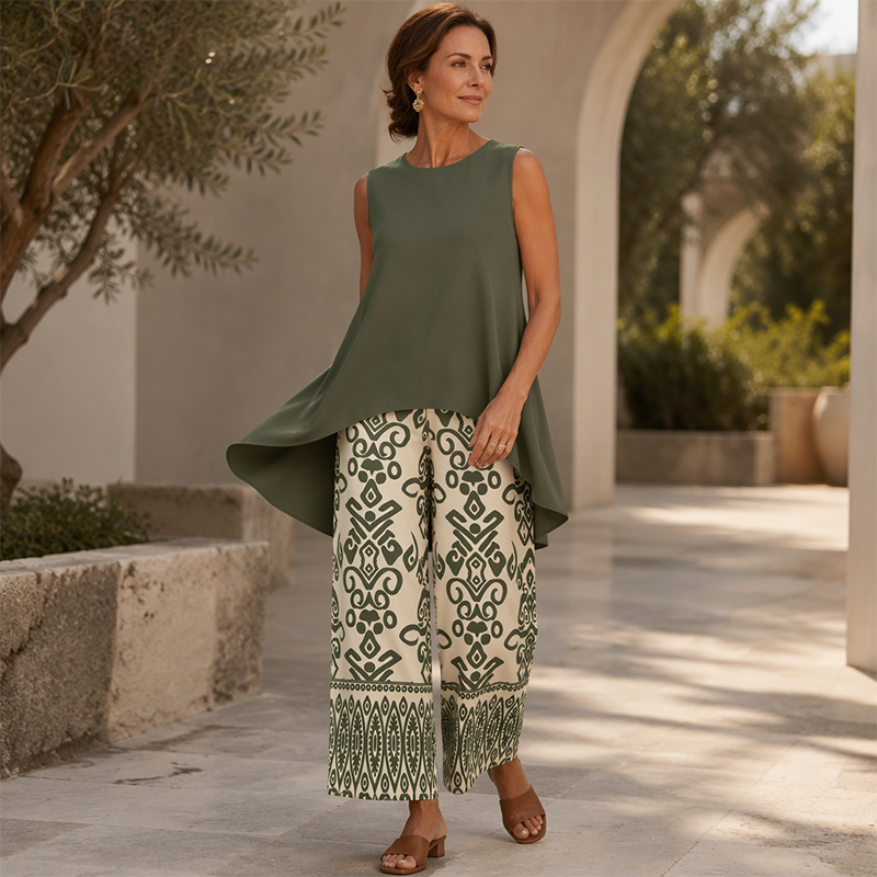 Casual set voor dames met mouwloze top en broek met wijde pijpen