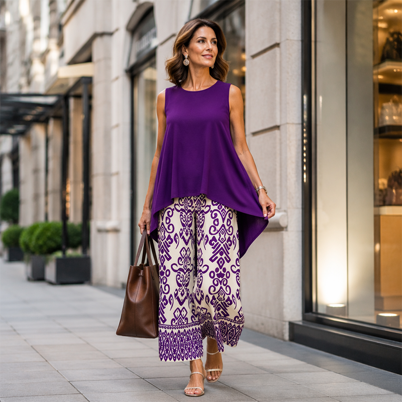 Casual set voor dames met mouwloze top en broek met wijde pijpen