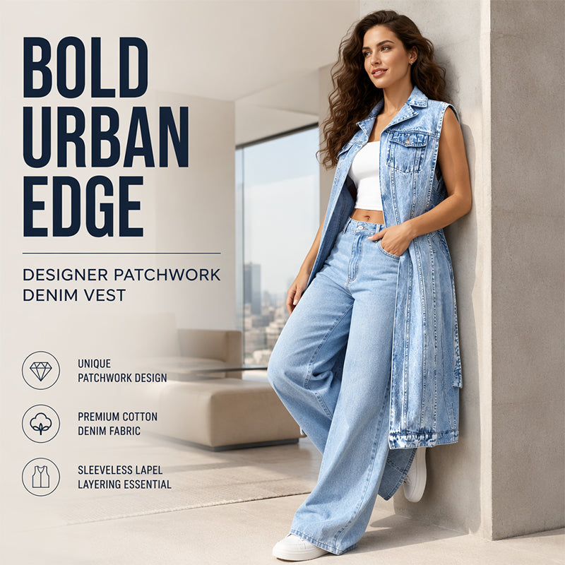 Mouwloze denimjurk voor dames met hoge split - patchwork, lang model, denim gilet