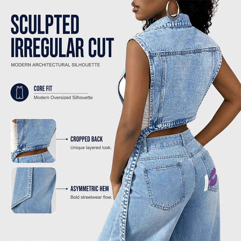 Mouwloze denimjurk voor dames met hoge split - patchwork, lang model, denim gilet
