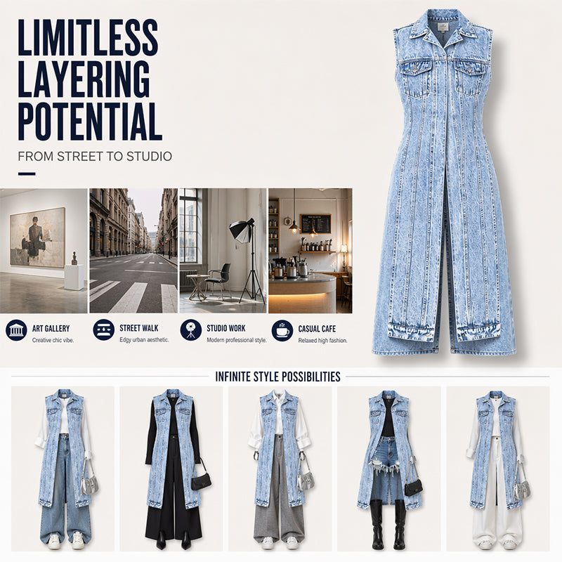 Mouwloze denimjurk voor dames met hoge split - patchwork, lang model, denim gilet