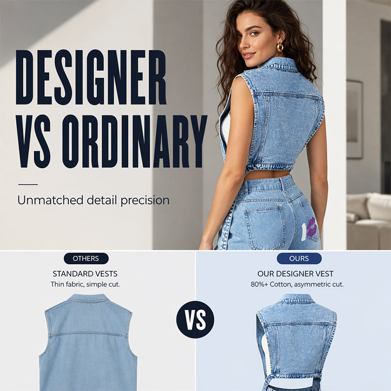 Mouwloze denimjurk voor dames met hoge split - patchwork, lang model, denim gilet