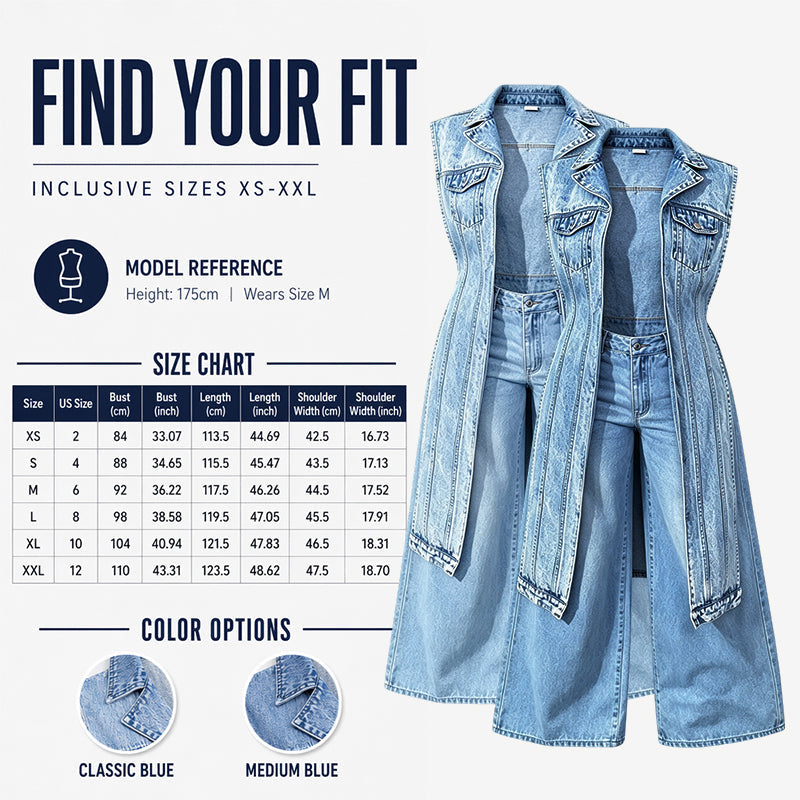 Mouwloze denimjurk voor dames met hoge split - patchwork, lang model, denim gilet