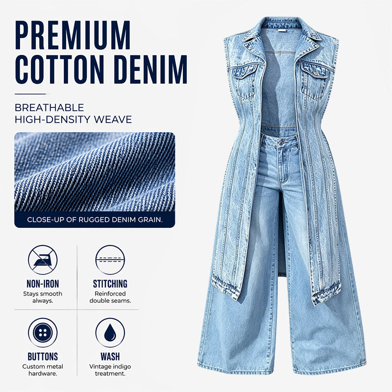 Mouwloze denimjurk voor dames met hoge split - patchwork, lang model, denim gilet