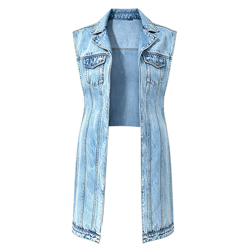 Mouwloze denimjurk voor dames met hoge split - patchwork, lang model, denim gilet