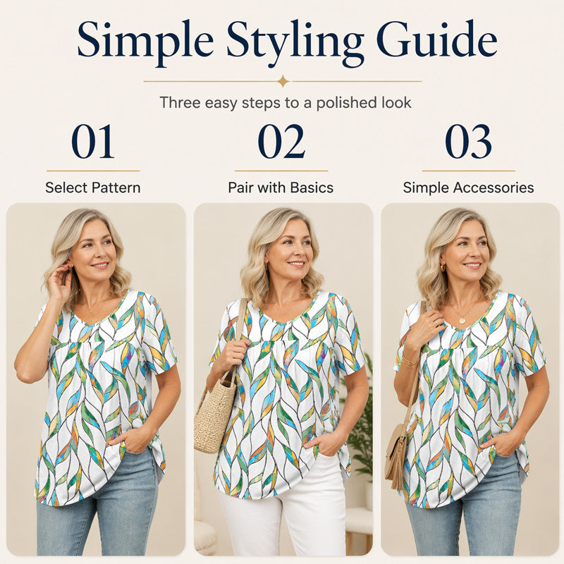 Casual dames-T-shirt met V-hals, print, korte mouwen en plooien
