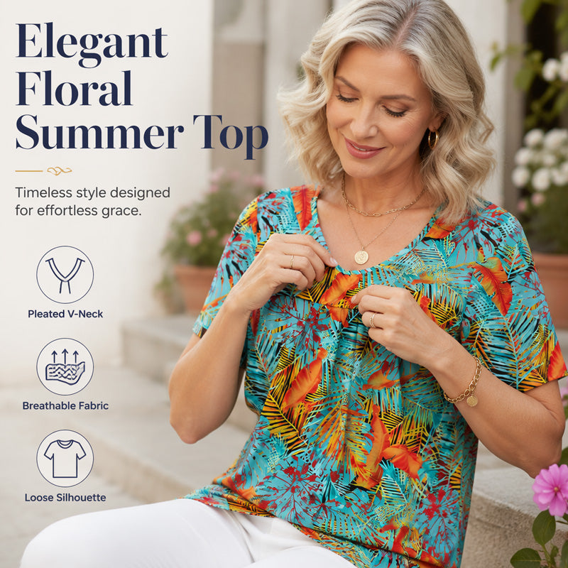 Casual dames-T-shirt met V-hals, print, korte mouwen en plooien