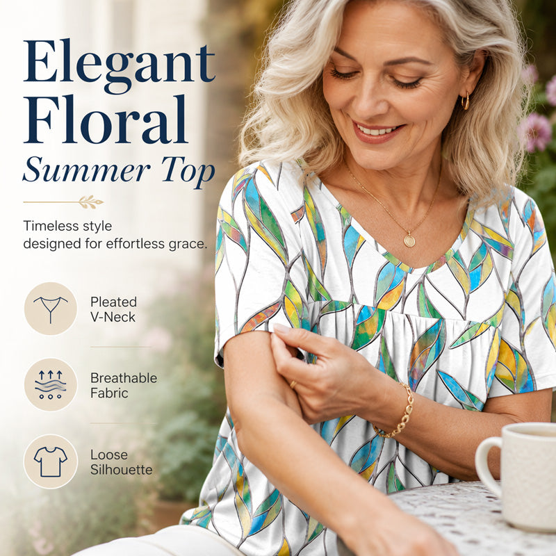 Casual dames-T-shirt met V-hals, print, korte mouwen en plooien
