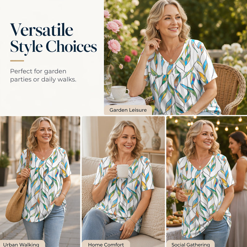 Casual dames-T-shirt met V-hals, print, korte mouwen en plooien