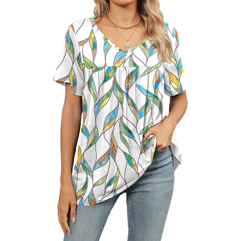 Casual dames-T-shirt met V-hals, print, korte mouwen en plooien