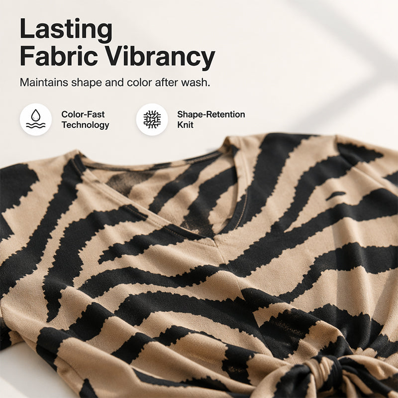 T-shirt voor dames met V-hals, strik aan de voorkant en zebraprint