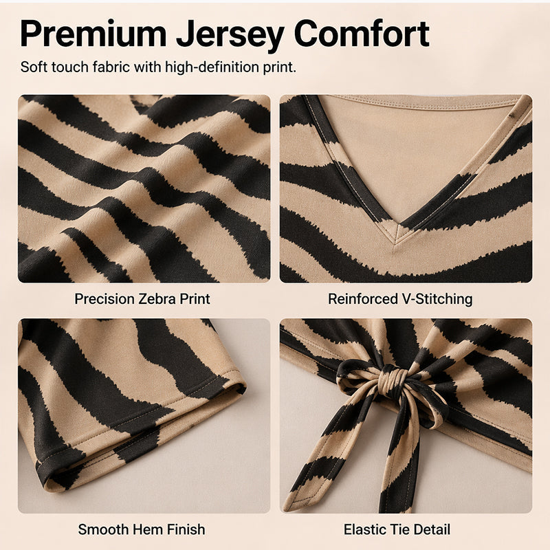 T-shirt voor dames met V-hals, strik aan de voorkant en zebraprint