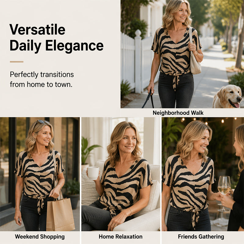 T-shirt voor dames met V-hals, strik aan de voorkant en zebraprint