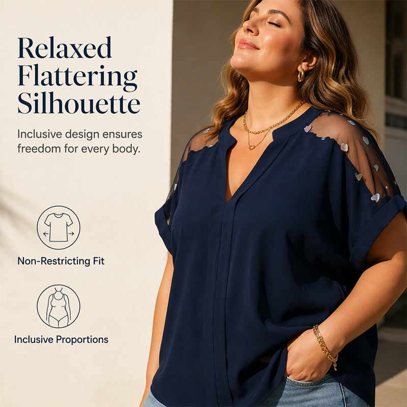 Damesblouse met grotere maat, transparant mesh en V-hals