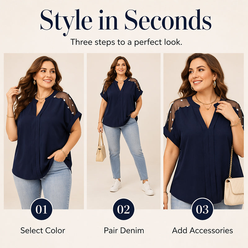 Damesblouse met grotere maat, transparant mesh en V-hals