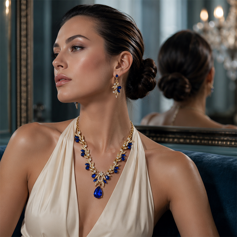Parure composée d’un collier à pendentif goutte scintillant et de boucles d’oreilles