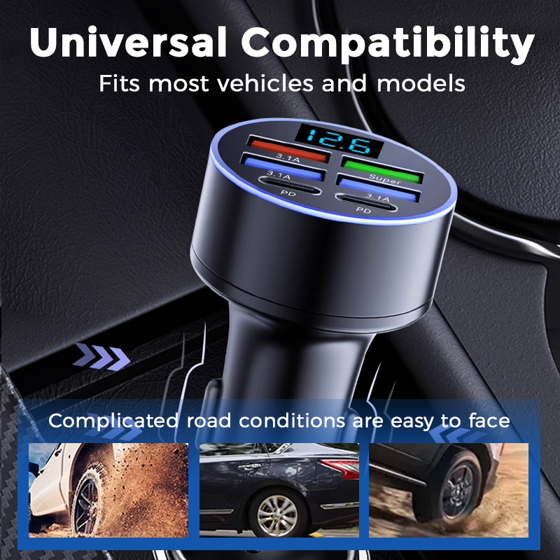 Free6-In-1 Car Fast Phone Charger with Voltage Display