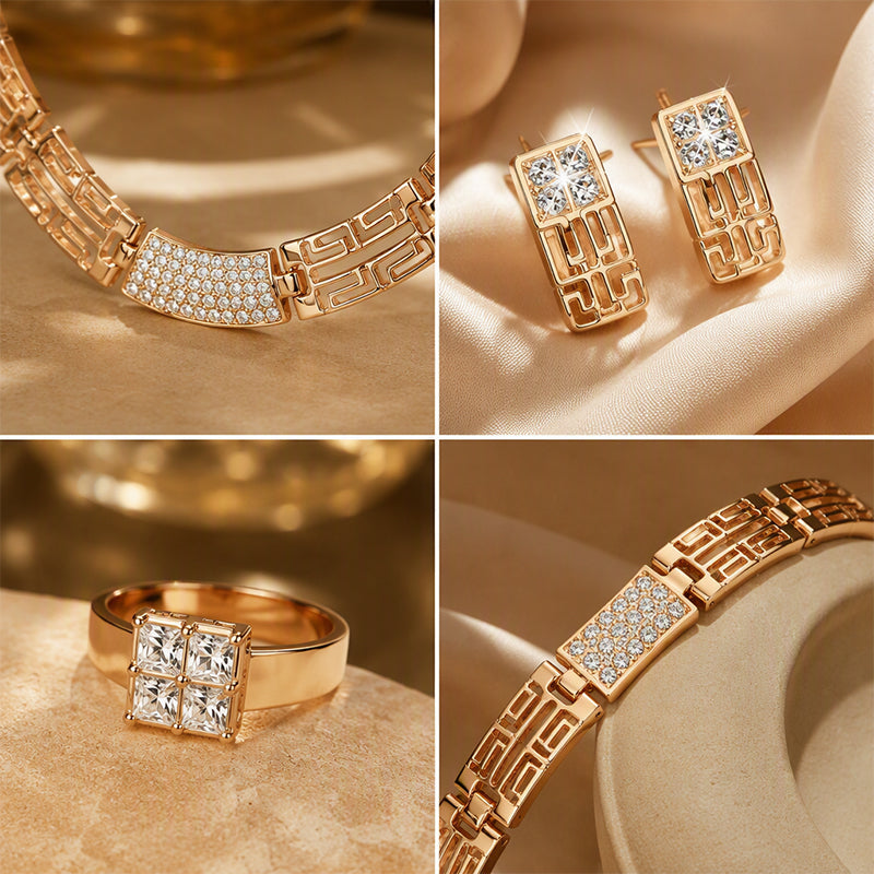 Set di gioielli con strass da 4 pezzi - Collana, orecchini, bracciale e anello - Completa il tuo look