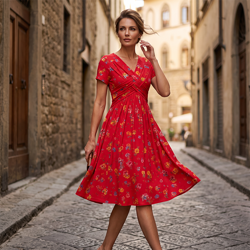 Offerta esclusiva: abito da donna con scollo a V, stampa floreale e vita con torsione