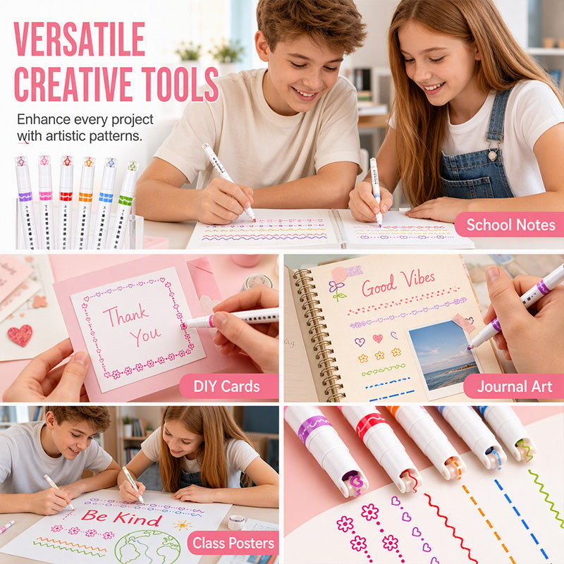 Set van 6 gebogen markeerstiften met patroonrollers