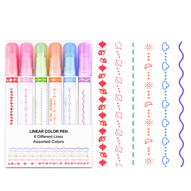Set de 6 rotuladores marcadores curvados con puntas de rodillo estampadas