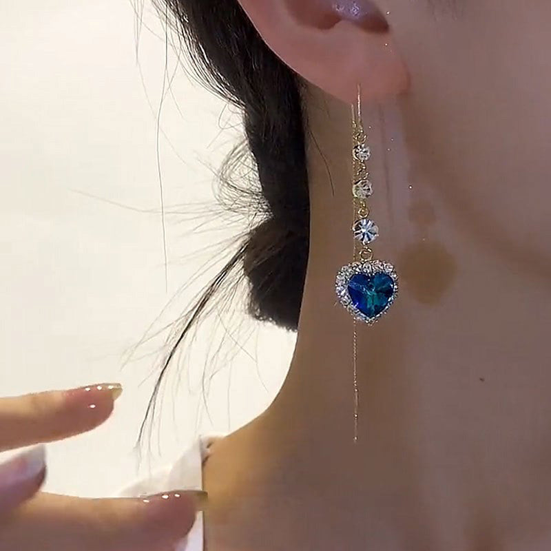 Cadeau idéal - Exquises boucles d’oreilles pendantes avec cœur bleu en pierre synthétique