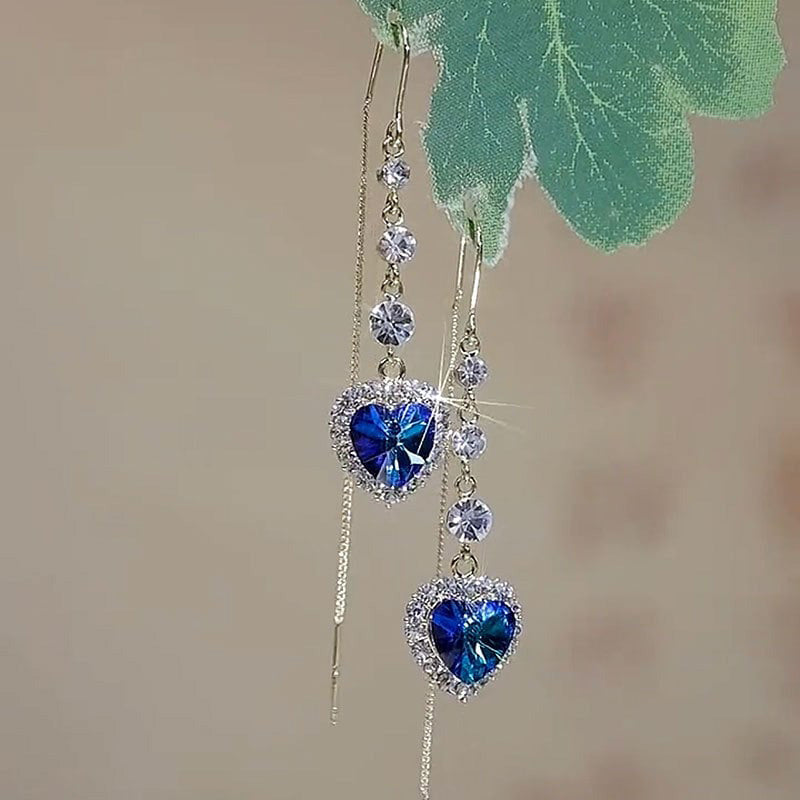 Cadeau idéal - Exquises boucles d’oreilles pendantes avec cœur bleu en pierre synthétique
