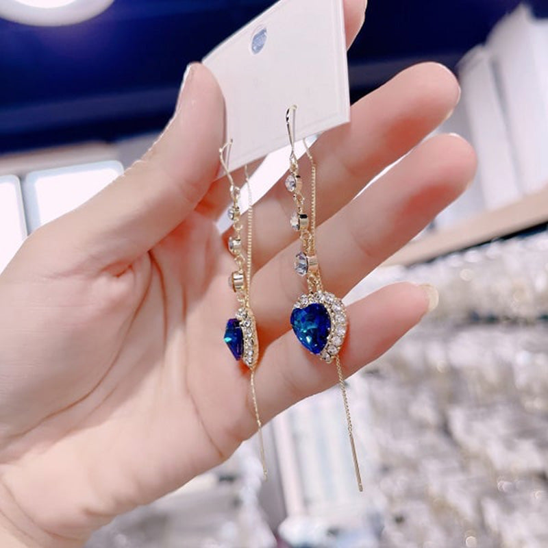Cadeau idéal - Exquises boucles d’oreilles pendantes avec cœur bleu en pierre synthétique