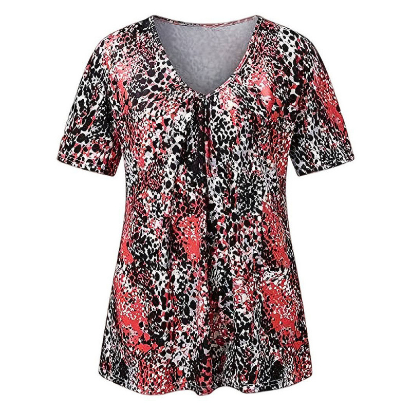 Top tunica da donna a maniche corte con stampa leopardata, scollo a V e pieghe
