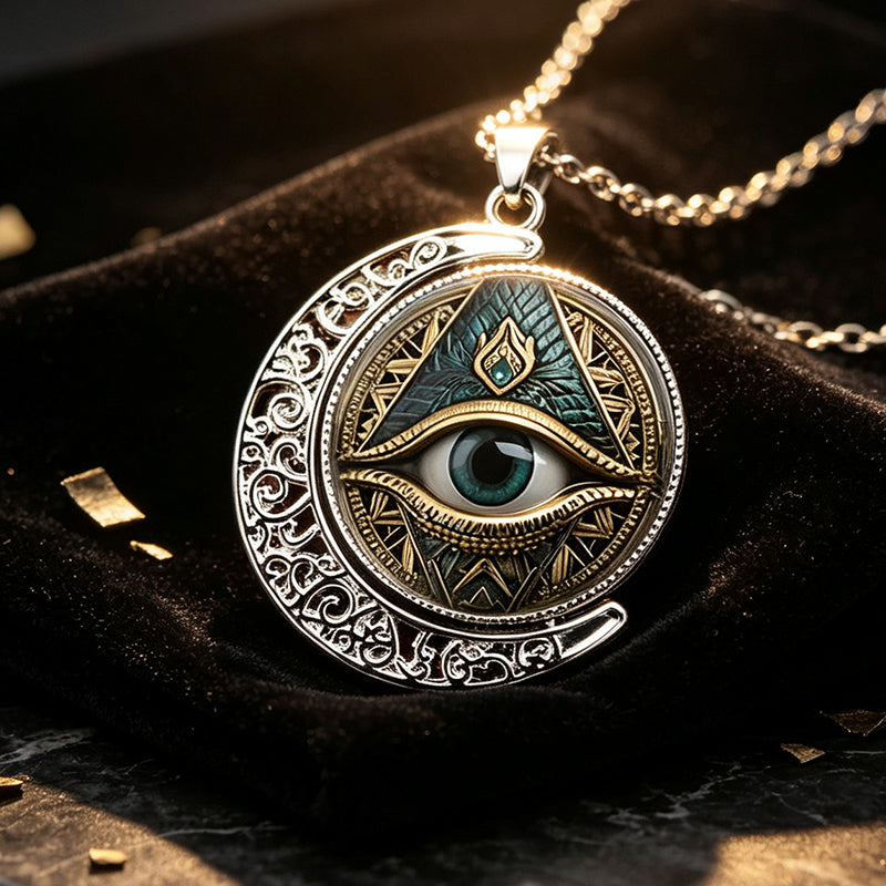 Collana vintage in lega di zinco con ciondolo dell'Occhio che tutto vede