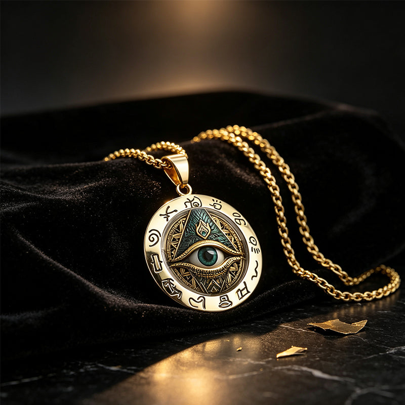 Collana vintage in lega di zinco con ciondolo dell'Occhio che tutto vede