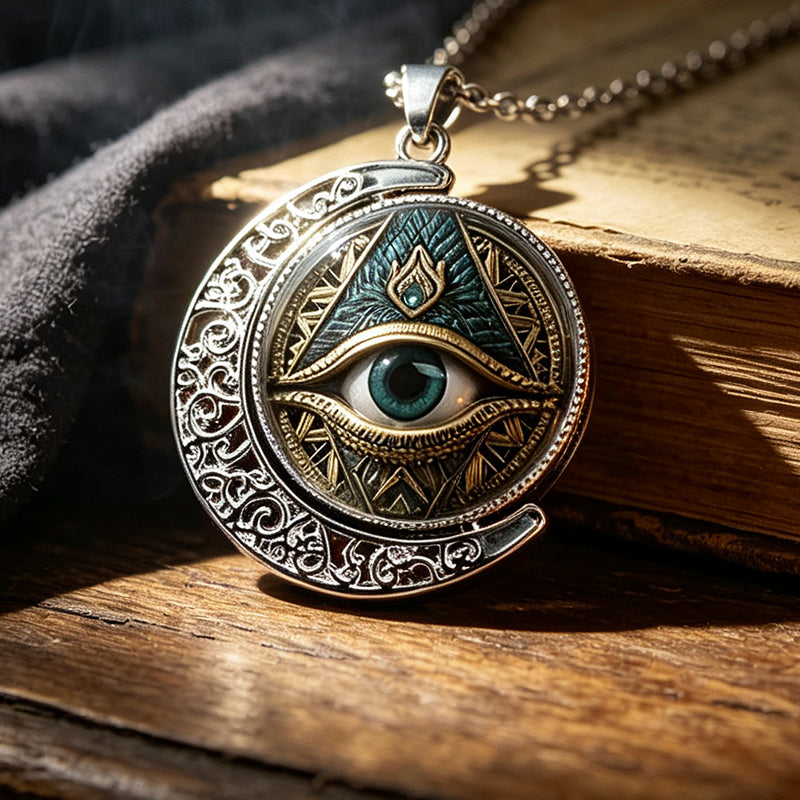 Collana vintage in lega di zinco con ciondolo dell'Occhio che tutto vede