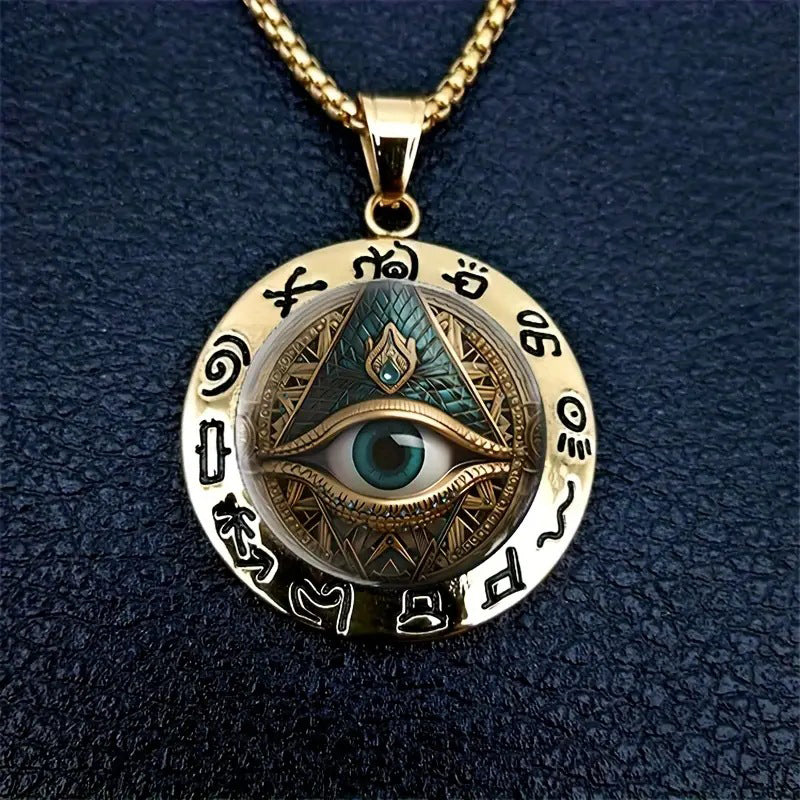 Collana vintage in lega di zinco con ciondolo dell'Occhio che tutto vede