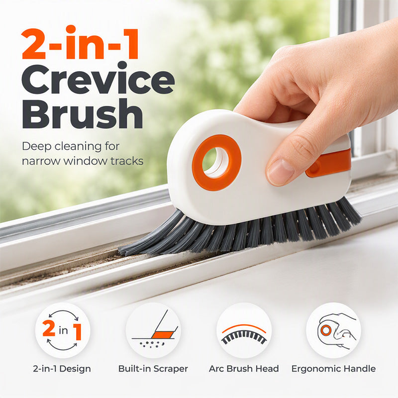 Brosse 2-en-1 pour rainures de fenêtres avec grattoir intégré ¨C outil pour fentes étroites à poils durs