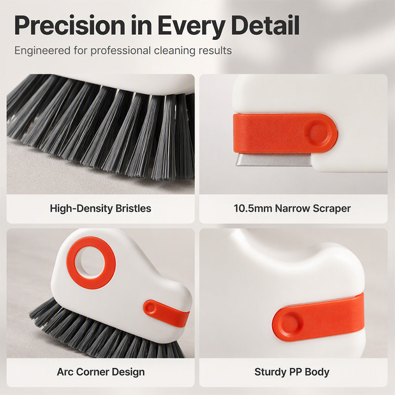 Brosse 2-en-1 pour rainures de fenêtres avec grattoir intégré ¨C outil pour fentes étroites à poils durs