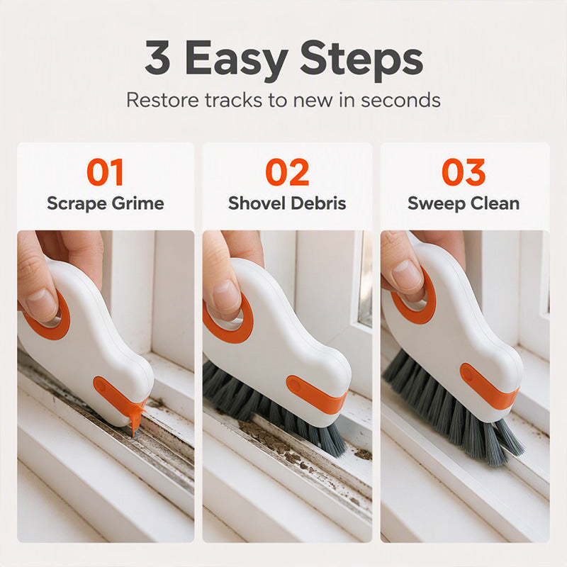 Brosse 2-en-1 pour rainures de fenêtres avec grattoir intégré ¨C outil pour fentes étroites à poils durs