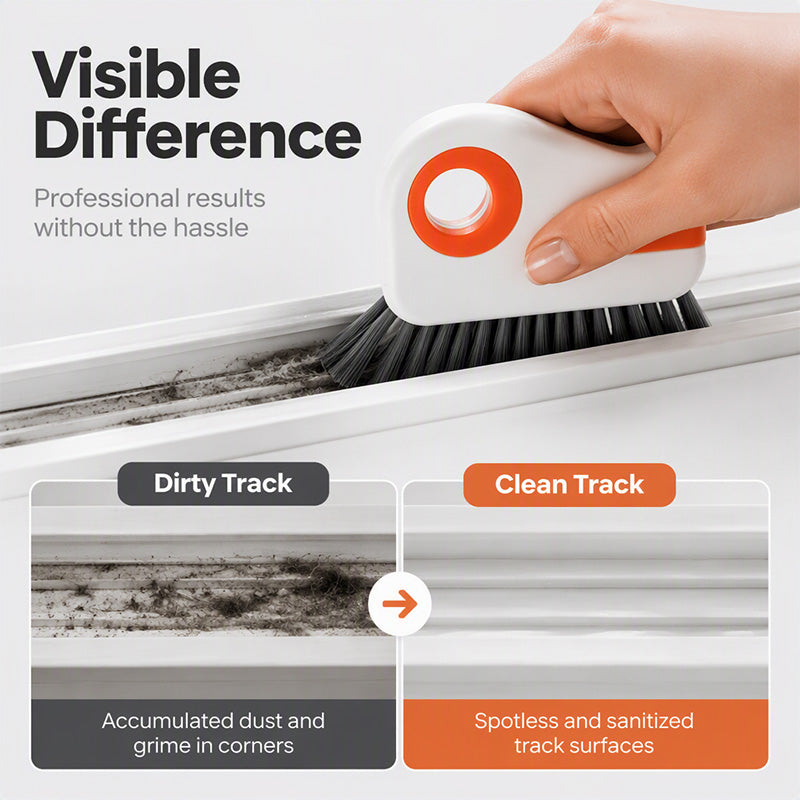 Brosse 2-en-1 pour rainures de fenêtres avec grattoir intégré ¨C outil pour fentes étroites à poils durs