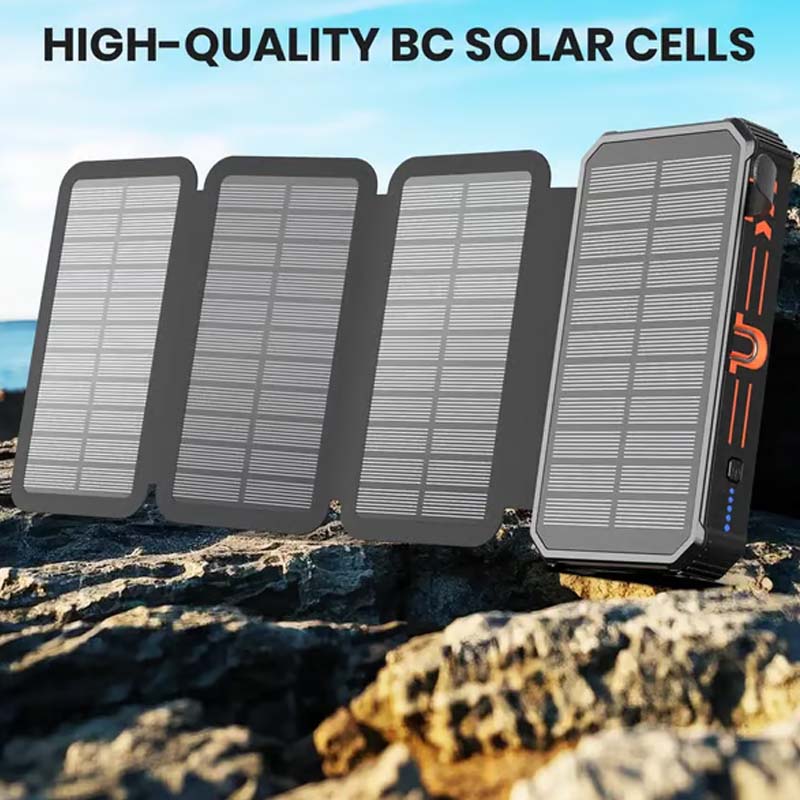 Batería externa solar NOW ¨C 20000mAh, solar plegable de 4 paneles, IPX5 y linterna LED ¨C para acampadas y emergencias