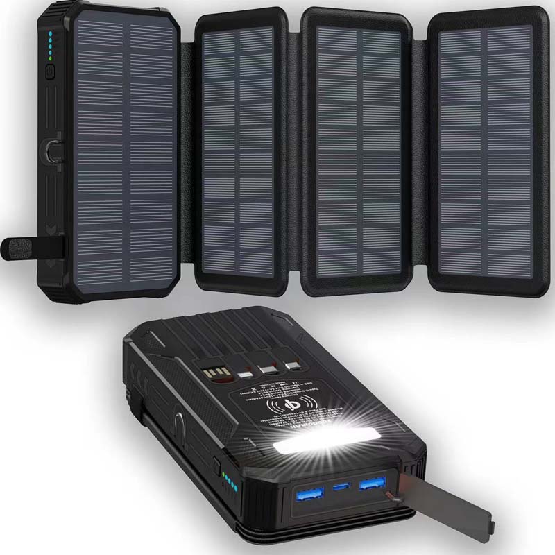 Batería externa solar NOW ¨C 20000mAh, solar plegable de 4 paneles, IPX5 y linterna LED ¨C para acampadas y emergencias