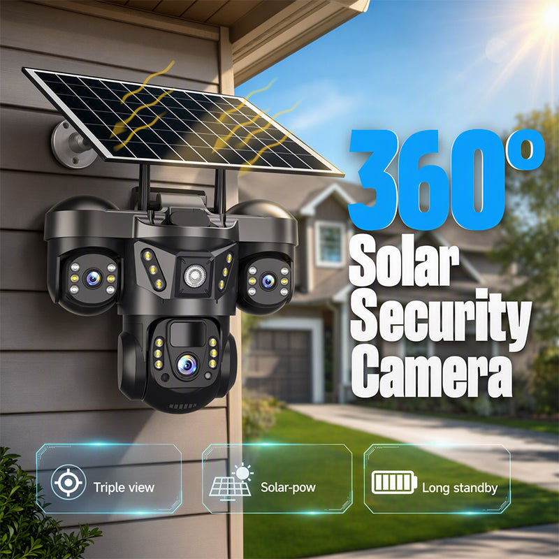 ORA Telecamera di sicurezza solare a tre obiettivi - Copertura a 360¡ã, wireless e resistente a ogni condizione atmosferica - Monitoraggio nitido di giorno e di notte