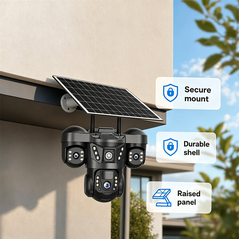 ORA Telecamera di sicurezza solare a tre obiettivi - Copertura a 360¡ã, wireless e resistente a ogni condizione atmosferica - Monitoraggio nitido di giorno e di notte