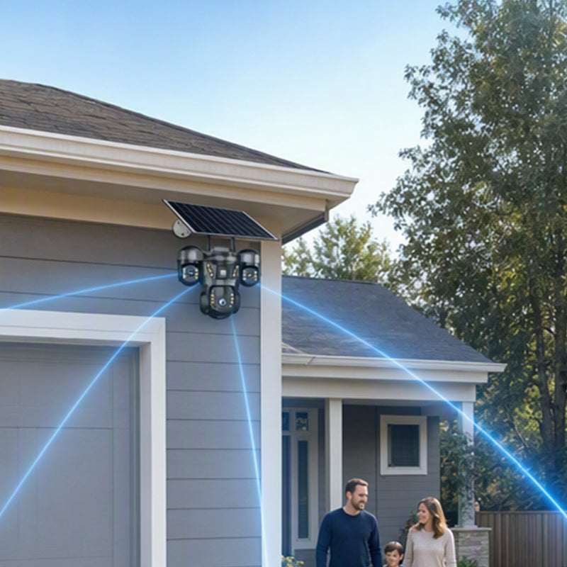 ORA Telecamera di sicurezza solare a tre obiettivi - Copertura a 360¡ã, wireless e resistente a ogni condizione atmosferica - Monitoraggio nitido di giorno e di notte
