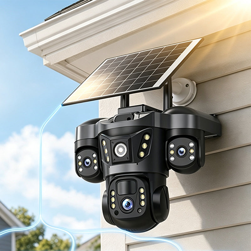 ORA Telecamera di sicurezza solare a tre obiettivi - Copertura a 360¡ã, wireless e resistente a ogni condizione atmosferica - Monitoraggio nitido di giorno e di notte