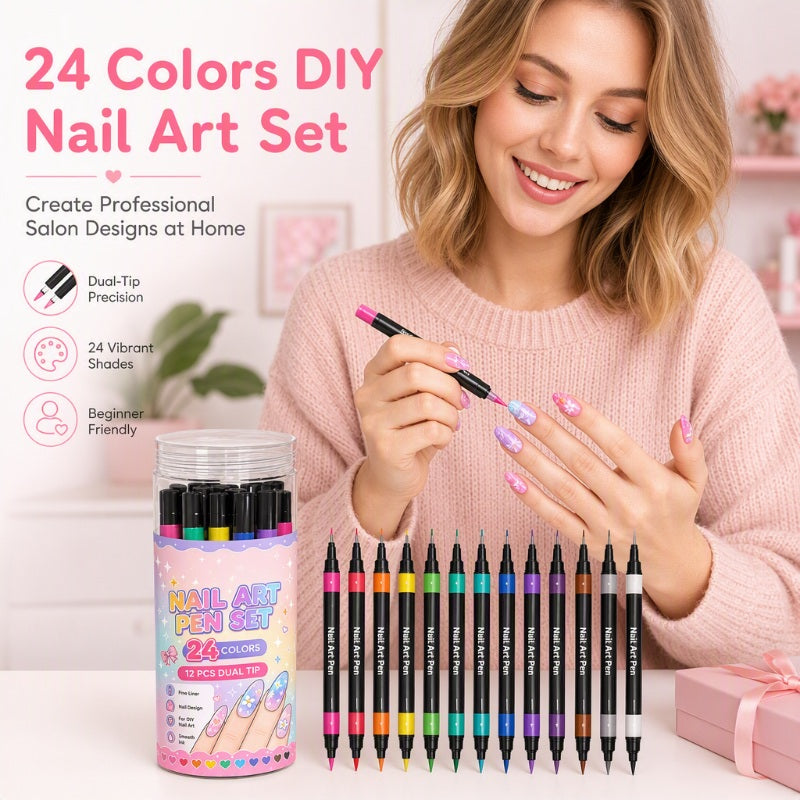 Nieuwe collectie 2026: set nail-artpennen met twee uiteinden in 24 kleuren