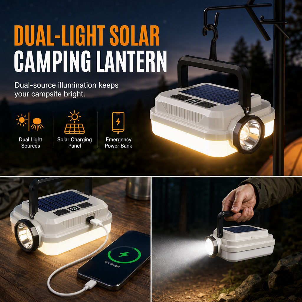 Lanterna LED da campeggio ricaricabile a energia solare ¨C impermeabile, portatile, multi©\uso